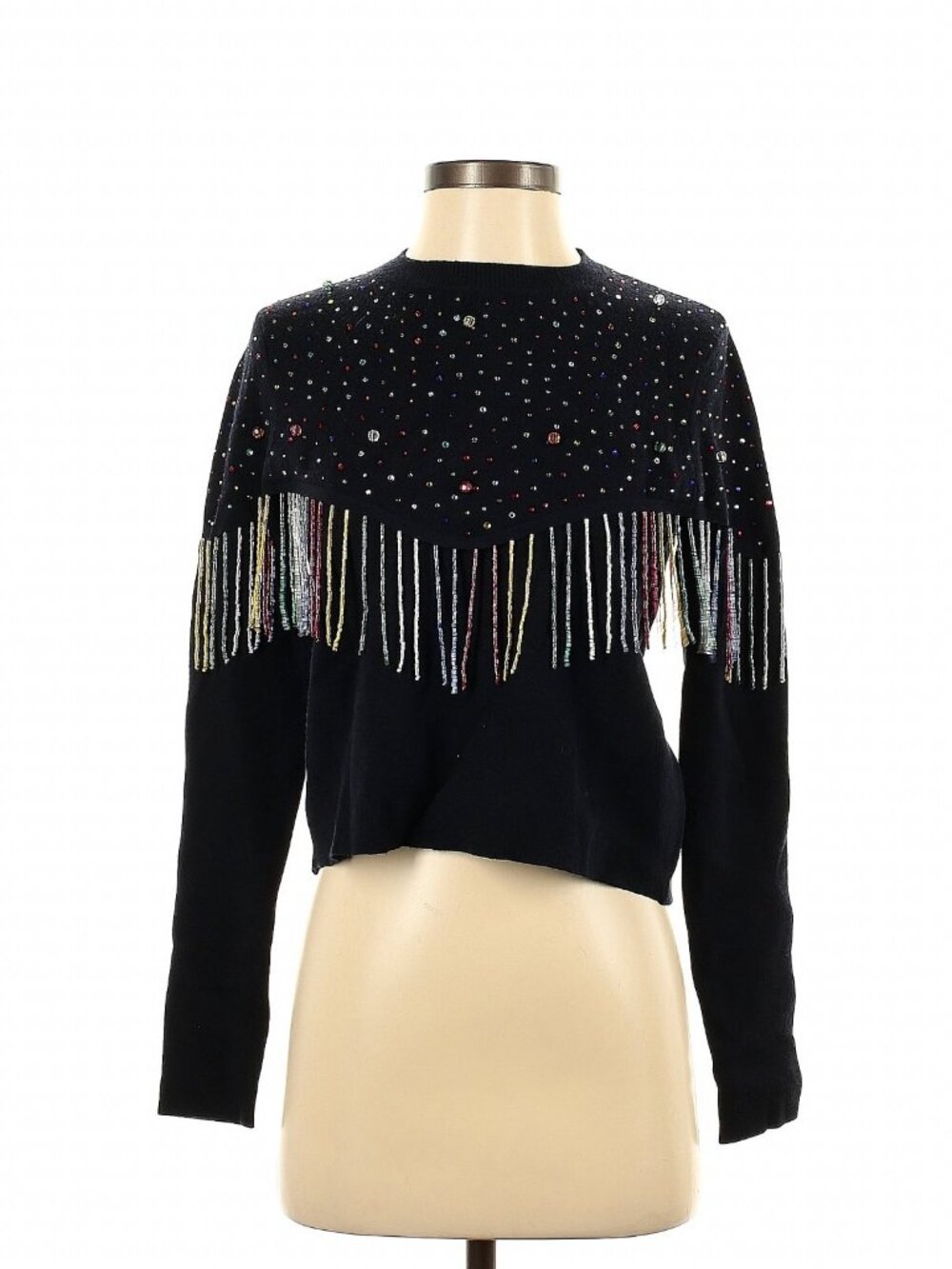 Zara Knit Beaded Fringe Cropped Sweater Black Size S